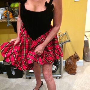 Betsy Johnson, Size M, Black and Red Plaid Dress with Bow Accents